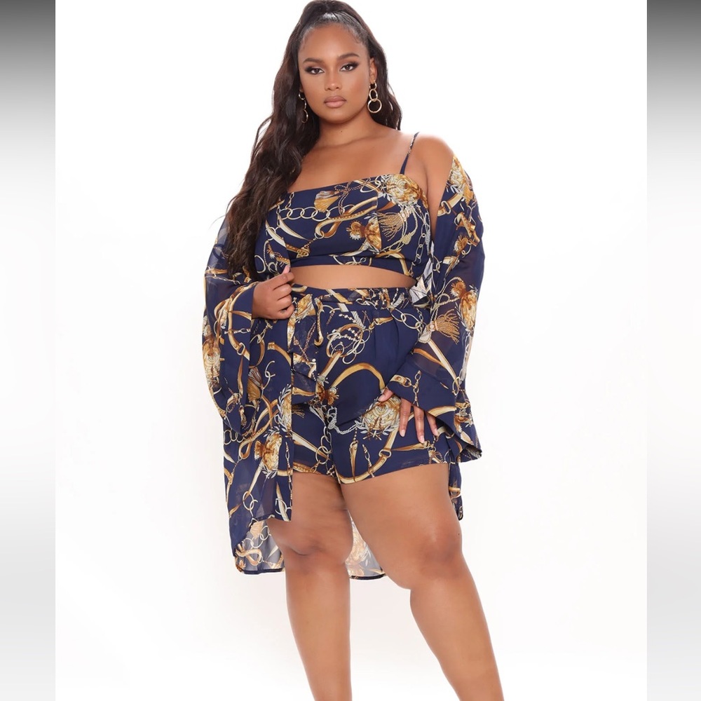 Fashion Nova Flying So Far 3 Piece Tropical Short Set - Navy/combo
